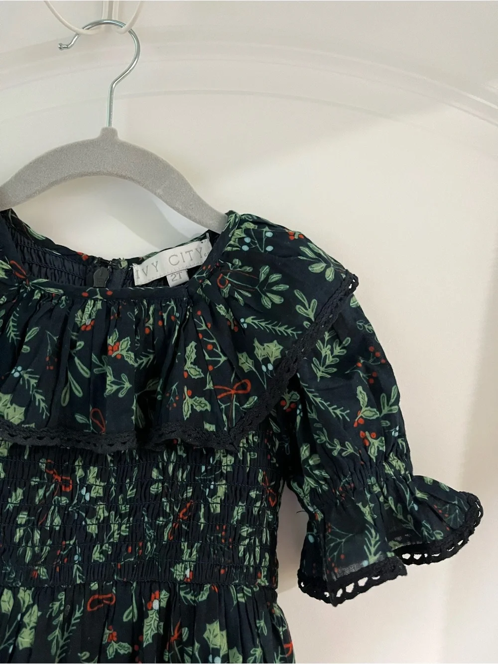 Ivy City Co Dark Green Floral Ruffle Smocked Dress with Red Accents